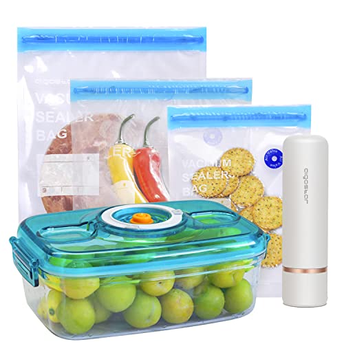 Aigostar Fresh - Pack 3 productos: mini bomba de vacío portátil, bolsas y recipientes para envasar al vacío, Envasadora al vacío recargable por USB, conserva la comida durante días