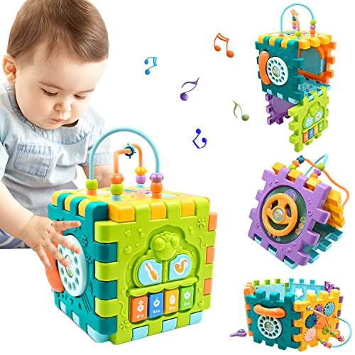 AiTuiTui Música Cubo de Actividades para bebés, Cubo de Aprendizaje Multiusos con Laberinto de Cuentas 6 en 1, Juguetes Montessori Musicales Educativos Tempranos para Regalo de Bebé de 6 12 18 Meses