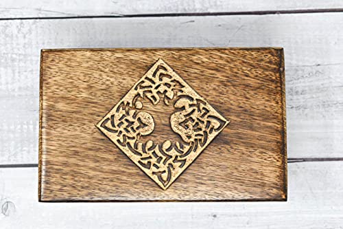 Ajuny Caja de joyería de madera hecha a mano, diseño celta tallado a mano
