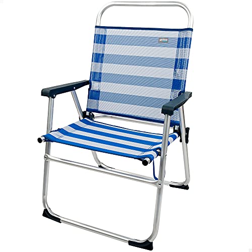 Aktive 53952 - Silla plegable de playa, Silla playa, medidas 56x50x88 cm, con asa de transporte, Silla de aluminio y fija, color azul y blanco, 100 kg, Aktive Beach