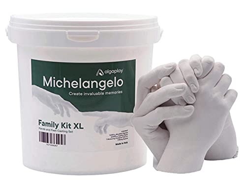 Algaplay Michelangelo Kit XL 4 Manos, para Crear una Escultura de 4 Manos de Adultos o de niños con Familiares o Amigos. Incluye Jarra medidora de 1 litro y espátula de plástico para Mezclar.