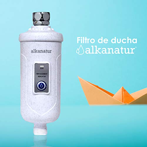 Alkanatur Filtro de ducha – el único filtro sin sulfito calcico – elimina el 99% los tóxicos, fluoruros, plomo, calcio, cloro, cloramina, mejora el cabello, uñas y piel – 30.000 litros