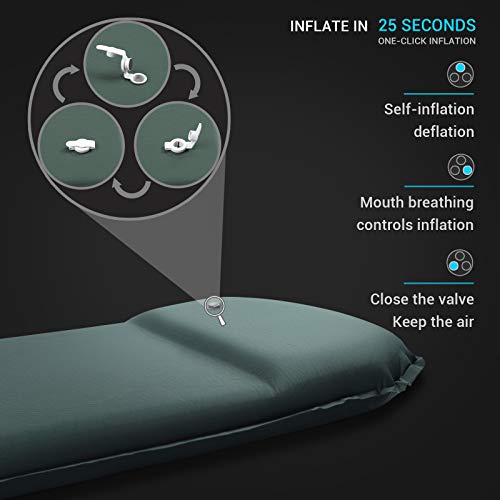 Almohadilla de dormir para acampar – 3 pulgadas de espuma viscoelástica ultra gruesa autoinflable, con almohada de inflado rápido en 25 s para mochilero
