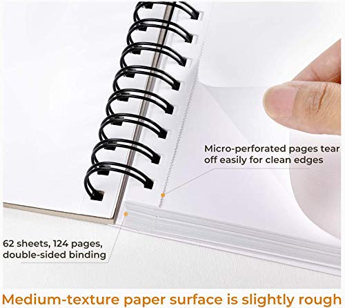 Almohadilla para medios mixtos, Ohuhu 254mm×193mm Cuaderno de bocetos de técnica mixta, papeles pesados 62 hojas / 124 páginas, bloc de papel encuadernado en espiral para pintura