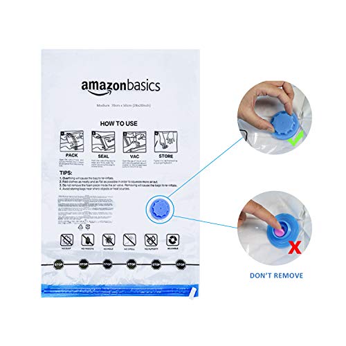 Amazon Basics - Paquete de 6 bolsas de vacío para almacenamiento, incluyen boca para aspirador, 2 bolsas extragrandes, 2 grandes y 2 medianas