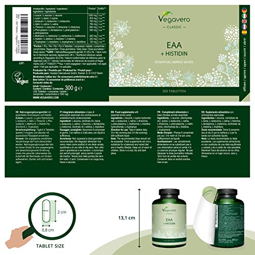 Aminoácidos Esenciales EAA Vegavero® | Sin Aditivos Artificiales | 300 Comprimidos – No Polvo | Incluye BCAA + Histidina + Triptófano + Metionina | Aminoácidos Ramificados | Vegano