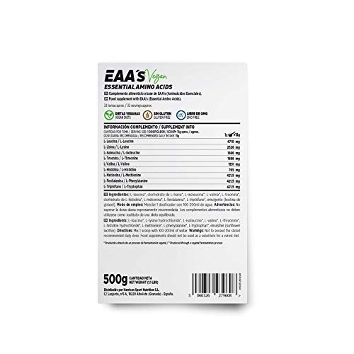 Aminoácidos Esenciales en Polvo de HSN EAA's | Sin Sabor 500 g = 33 Tomas por Envase | Leucina, Isoleucina, Valina, Lisina, Metionina, Treonina, Triptófano, Histidina, Fenilalanina