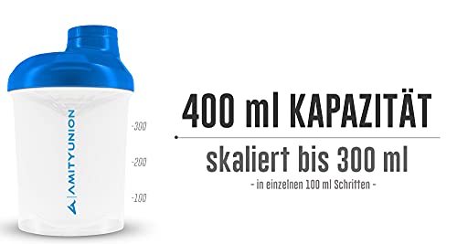 AMITYUNION Protein Shaker White Blue Deluxe 400 ml - Sin BPA con tamiz y escala para batidos cremosos de proteína de suero de leche - Gimnasio Fitness Botella para aislamientos y refuerzo