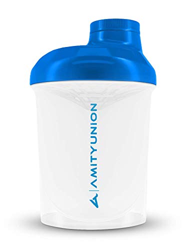 AMITYUNION Protein Shaker White Blue Deluxe 400 ml - Sin BPA con tamiz y escala para batidos cremosos de proteína de suero de leche - Gimnasio Fitness Botella para aislamientos y refuerzo
