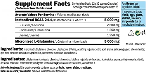 Amix - Glutamina + Bcaa - Suplemento Alimenticio - Mejora del Rendimiento - Contiene Aminoácidos Bcaa - Glutamina en Polvo - Nutrición Deportiva - Sabor a Mango - Bote de 300 g
