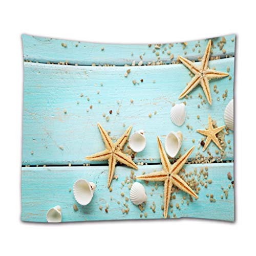 A.Monamour Tapices Sea Star Seashell En Azul Tablones De Madera Suelos Fondos Náuticos Playa Decoraciones Tela Tapices De Pared Cortinas para Dormitorio Sala De Estar Dormitorio 102x153cm