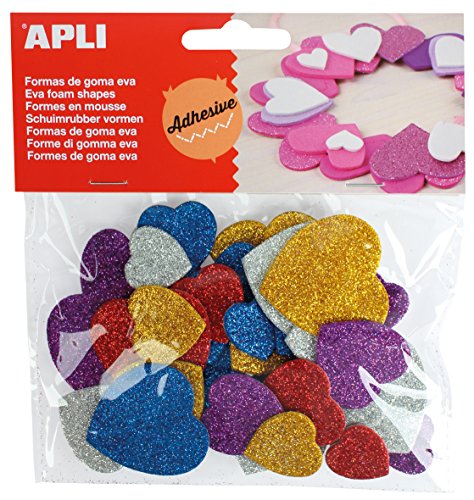 APLI - Bolsa formas EVA adhesiva purpurina formas corazón color, 50 uds