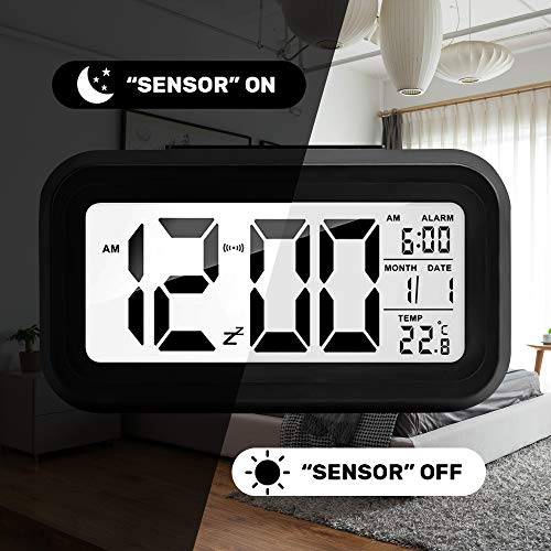 Arespark Reloj Despertador Digital, Despertador Digital con Luz de Noche, Pantalla LCD de 5.3 Pulgadas con Hora Fecha Temperatura, Función Snooze (Goma)
