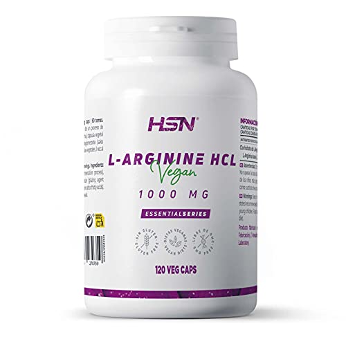 Arginina 1000mg de HSN | L-Arginina HCl de Alta Biodisponibilidad | Óxido Nítrico + Mejora el Rendimiento Deportivo | No-GMO, Vegano, Sin Gluten, Sin Lactosa | 120 Cápsulas Vegetales
