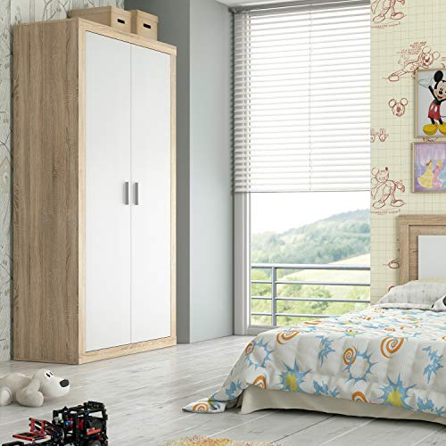 Armario Dos Puertas Dormitorio habitación, Acabado en Color Blanco y Cambria, Modelo Lara, Medidas: 105 cm (Largo) x 208 cm (Alto) x 50 cm (Fondo)