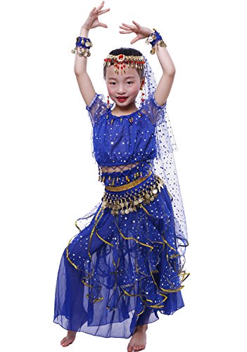 Astage Niña Traje Danza del Vientre Lentejuelas Danza India Halloween Disfraz Azul Real L