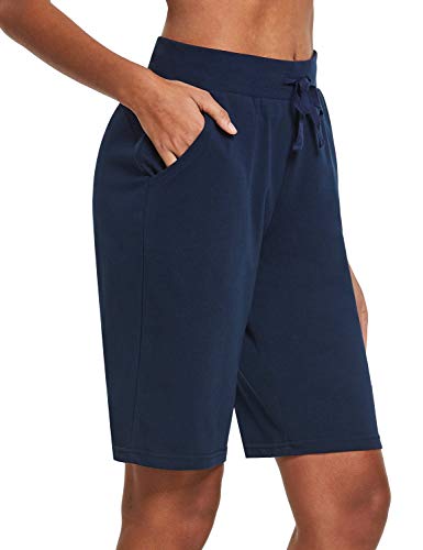 BALEAF Bermudas de algodón para mujer, de 25,4 cm, pantalones cortos largos de algodón, para salón, yoga, caminar, pijama, con bolsillos, Azul marino/flor y brillo, XS
