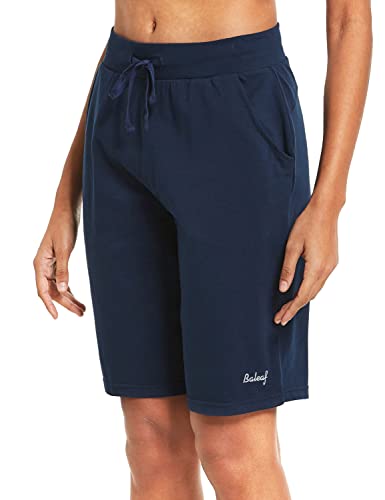 BALEAF Bermudas de algodón para mujer, de 25,4 cm, pantalones cortos largos de algodón, para salón, yoga, caminar, pijama, con bolsillos, Azul marino/flor y brillo, XS