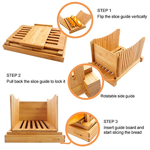 bambú Rebanadora de pan Plegable y comprimido Ajustable Guía de rebanadora de pan Con bandeja Recoger Migas de pan para Pan casero Pan rustico