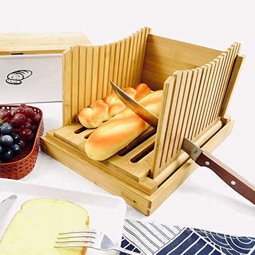 bambú Rebanadora de pan Plegable y comprimido Ajustable Guía de rebanadora de pan Con bandeja Recoger Migas de pan para Pan casero Pan rustico