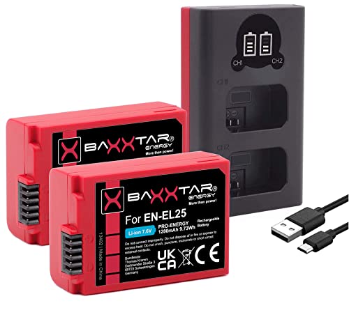 Baxxtar Pro (2X) Batería EN-EL25 (1280mAh) con Mini LCD Cargador Dual (USB-C/MicroUSB) Compatible con Nikon Z50 Z FC