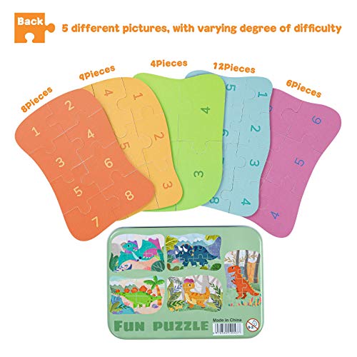 BBLIKE Puzzle Infantil de Dinosaurios para niños, puzle de 5 imágenes, puzle de Madera, Adecuado para niños y niñas a Partir de 3, 4 y 5 años (Rompecabezas de Dinosaurios)