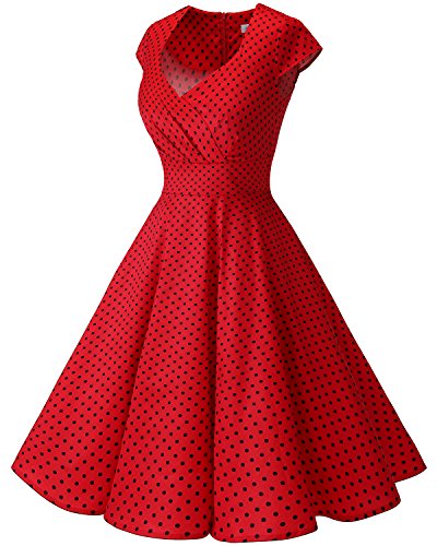 Bbonlinedress Vestido Corto Mujer Retro Años 50 Vintage Escote En Pico Red Small Black Dot 3XL