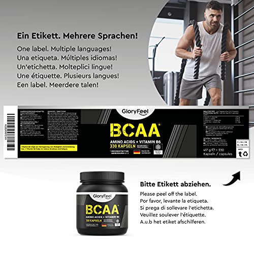 BCAA 330 Cápsulas - 9.910mg de BCAA por dosis diaria - Aminoácidos esenciales Leucina, Valina e Isoleucina + Vitamina B6 - Probado en laboratorios y sin aditivos - Fabricado en Alemania