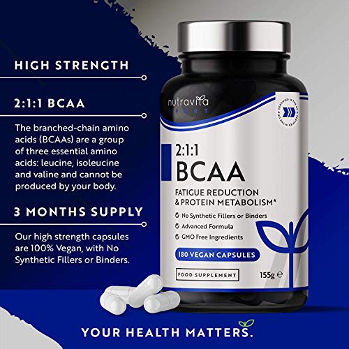 BCAA de alta resistencia 1000 mg 2: 1: 1 - Suplemento deportivo - Leucina, isoleucina y valina con vitamina B6 y B12 añadidas - Reducción de la fatiga - 180 cápsulas veganas - Fabricado por Nutravita
