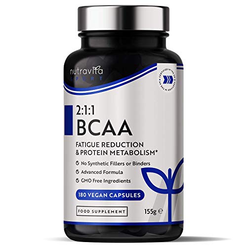 BCAA de alta resistencia 1000 mg 2: 1: 1 - Suplemento deportivo - Leucina, isoleucina y valina con vitamina B6 y B12 añadidas - Reducción de la fatiga - 180 cápsulas veganas - Fabricado por Nutravita