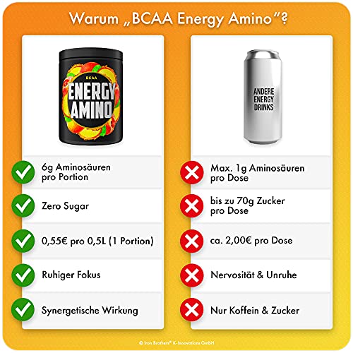BCAA Energy Amino - 500g de aminoácidos de cadena ramificada veganos y sin azúcar con cafeína, taurina, guaraná y N-acetil-L-tirosina en un delicioso sabor a té helado de melocotón.