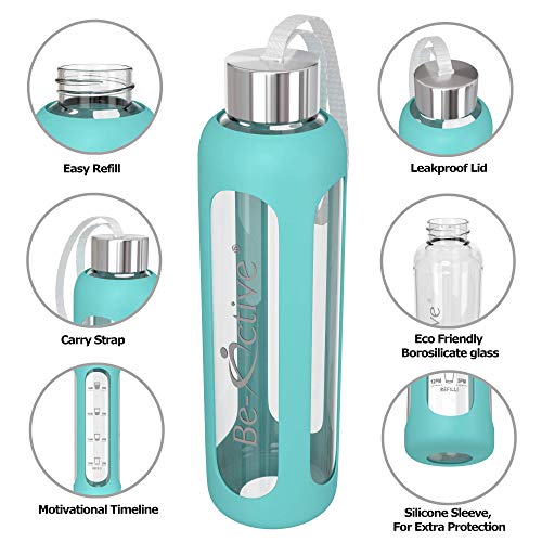 Be-Active Botella de Agua Motivacional de Vidrio de 1 litro con Tiempos de Bebida Hidratado BPA Libre 1l (550ml, verde)