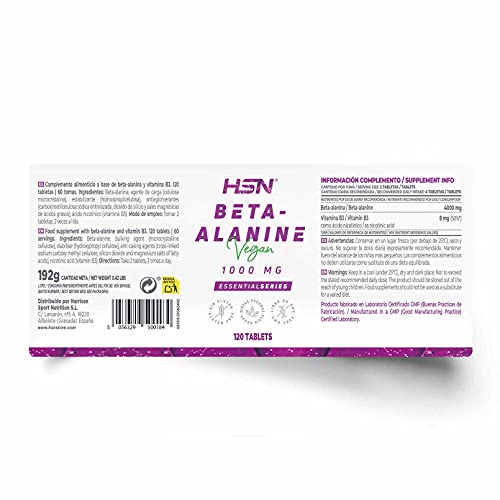 Beta Alanina de HSN | 120 Tabletas para 4000 mg de Beta-Alanina por Dosis Diaria | Aminoácido en Forma Libre | Con Vitamina B3 | No-GMO, Vegano, Sin Gluten