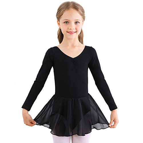 Bezioner Vestido de Ballet Maillot de Danza Gimnasia Leotardo Algodón Body Clásico para Niña (150 (150-160 cm,12-13 años), Negro Manga Larga)