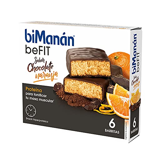 BiManán beFIT - Barritas de Proteína Sabor Chocolate Naranja, para Tonificar tu Masa Muscular - Caja de 6 unidades