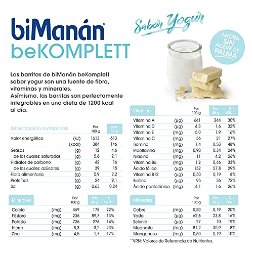 BiManán beKOMPLETT Barritas sabor Yogur. Ricas en proteínas y fuente de fibra, con 12 vitaminas y 10 minerales. Sin gluten - Caja de 8 unidades