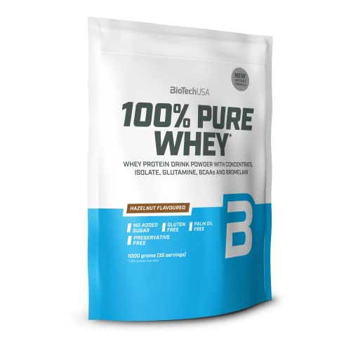 BioTechUSA 100% Pure Whey, Complejo de suero de leche con bromelina, aminoácidos, sin azúcar añadido, sin aceite de palma, 1 kg, Avellanas