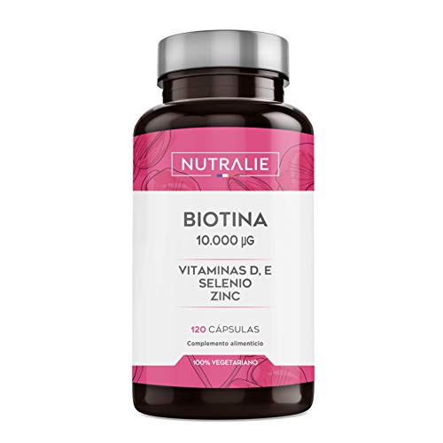 Biotina 10.000mcg Alta Dosis - Potente para Crecimiento del Cabello - Vitaminas para mantener Cabello, Piel y Uñas Sanas - Con Vitamina E, D, Zinc y Selenio | 120 Cápsulas 100% Vegetarianas Nutralie
