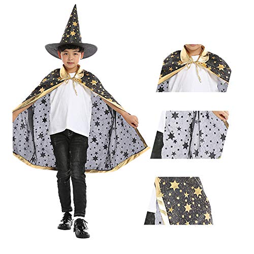 BJ-SHOP Capa de Halloween para Niños, Capa de Brujo Mago Disfraces de Halloween para Niños con Sombrero para Niños, Accesorios de Halloween (Negro)