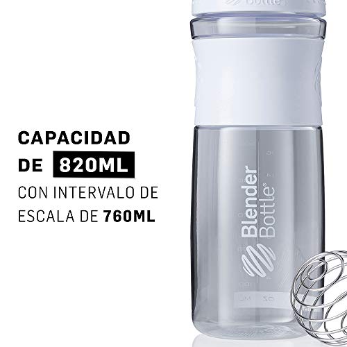 BlenderBottle Sportmixer Botella de agua | Botella mezcladora de batidos de proteínas | con batidor Blenderball | libre de BPA | Tritan| 820ml - blanco/transparente
