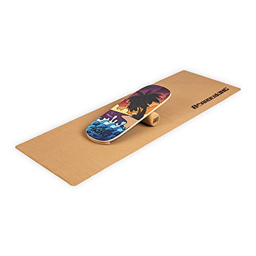 BoarderKING Indoorboard Classic - Tabla de equilibrio, Forma de monopatín, Madera de arce, Recubierto de plástico, Con esterilla y rodillos de corcho, Topes desmontables, 27 x 5 x 75 cm, Playa