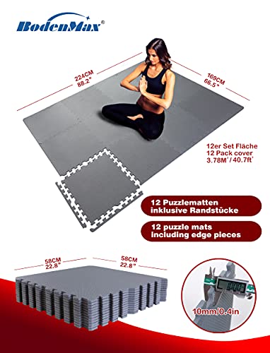 BodenMax Esterilla puzzle de espuma EVA para suelos de gimnasio | Colchoneta de goma para ejercicio yoga tatami gym piscina | Alfombra protectora para cintas de correr | Color Gris | 12 piezas