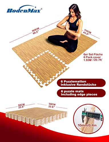 BodenMax Esterilla puzzle de espuma EVA para suelos de gimnasio | Colchoneta de goma para ejercicio yoga tatami gym piscina | Alfombra protectora para cintas de correr | Color Madera Clara | 12 piezas