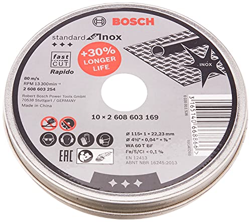 Bosch 2 608 603 254 - Disco de corte inox, 115x1 mm, 10 Unidades