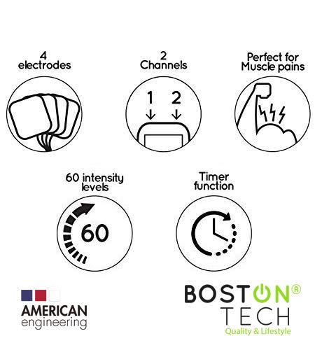 Boston Tech WE112 - Boston Tech - We-112 - Electroestimulador Digital Profesional 3 En 1, Tens, Ems, Masaje. Alivio Al Dolor Y Fortalecimiento Muscular General, Pantalla Lcd, 2 Canales, 4
