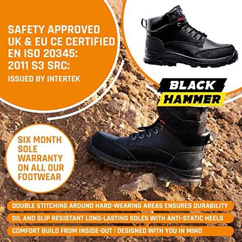 Botas de Seguridad para Hombre con Puntera de Acero S3 SRC Zapatos de Trabajo de Cuero 7700 Negro Hammer (44 EU)