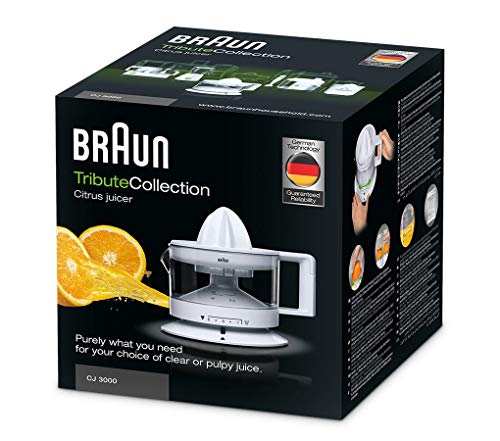Braun CJ3000 WH - Exprimidor Eléctrico de Naranjas, 20 W, 350 ml, Cantidad de Pulpa Ajustable, Apto para Lavavajillas, Diseño Icónico, Blanco