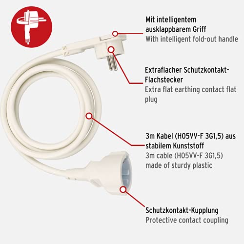 Brennenstuhl cable alargador de 3 m con enchufe plano (alargador eléctrico, enchufe plano, para interiores) blanco