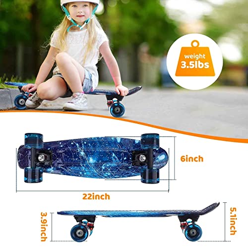 BRGOOD Mini Cruiser Skateboard 56x15cm,Monopatín Skateboard Complete con PU Ruedas Luminosas y Rodamiento ABEC-7, Skateboard Niño Niña, para Principiantes y Adultos (Azul)