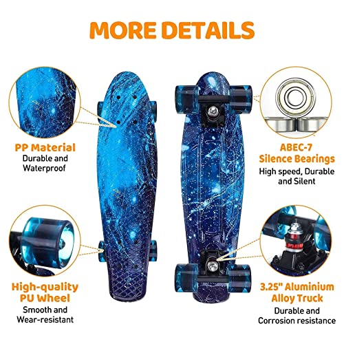 BRGOOD Mini Cruiser Skateboard 56x15cm,Monopatín Skateboard Complete con PU Ruedas Luminosas y Rodamiento ABEC-7, Skateboard Niño Niña, para Principiantes y Adultos (Azul)